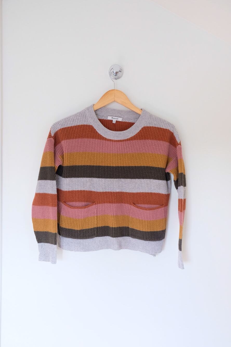 Madewell Striped Pocket Sweater Womens XS Retro Multicolor Crewneck Cozy Knit